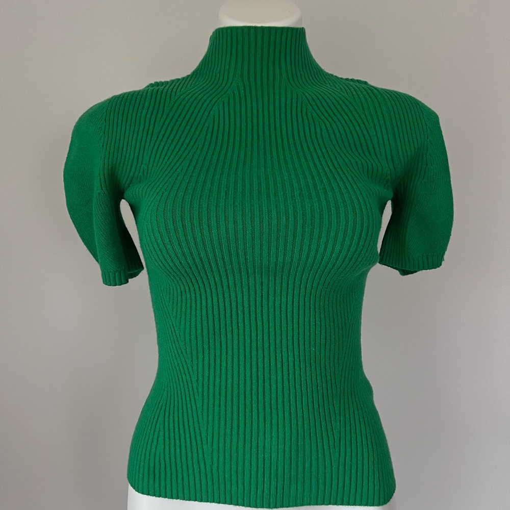 Maeve Anthropology Emerald Green Ribbed Short-Sleeve Mock Neck Sweater XS
